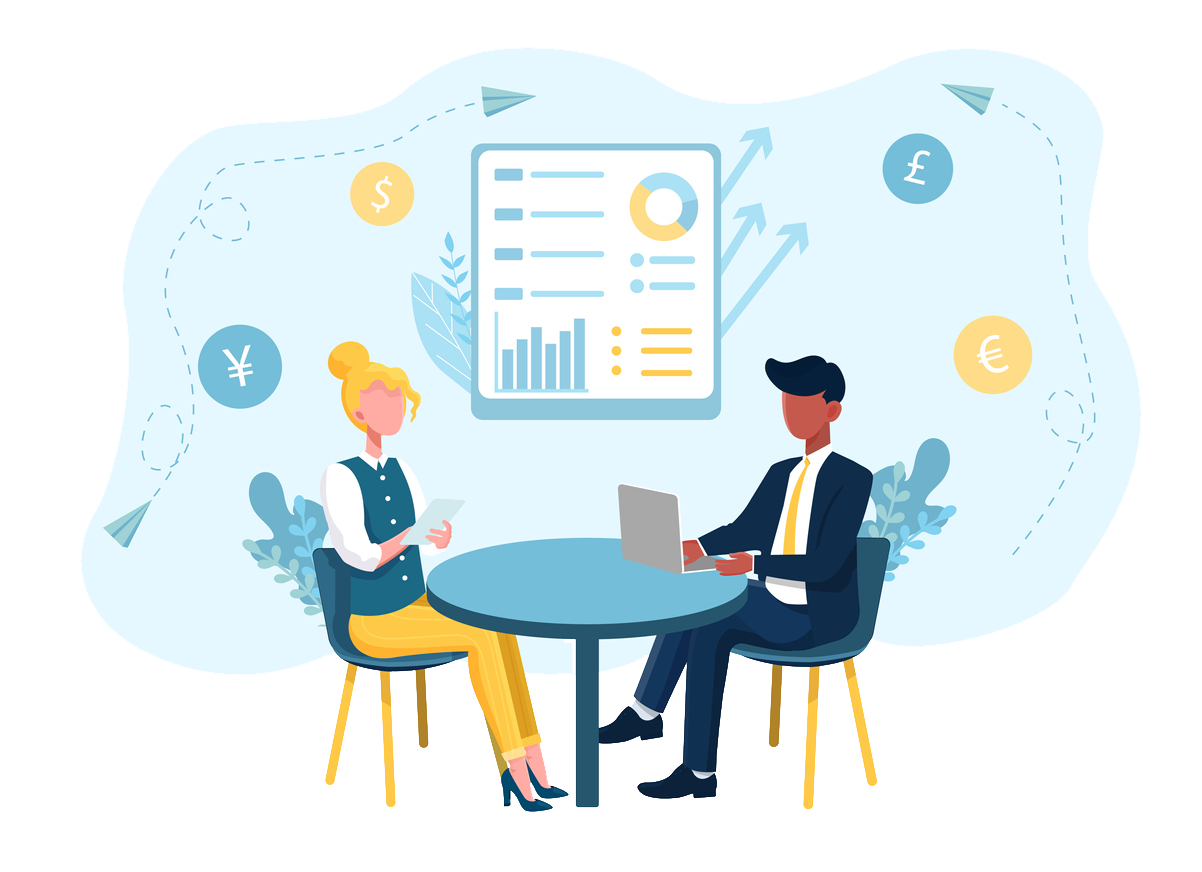 man and women having conversation across table business accountancy advice transparent background