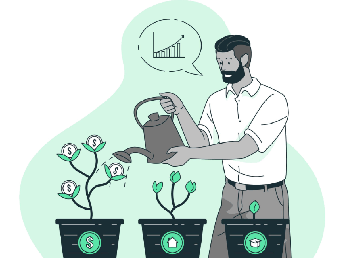 man watering plants that grow money, planning for future